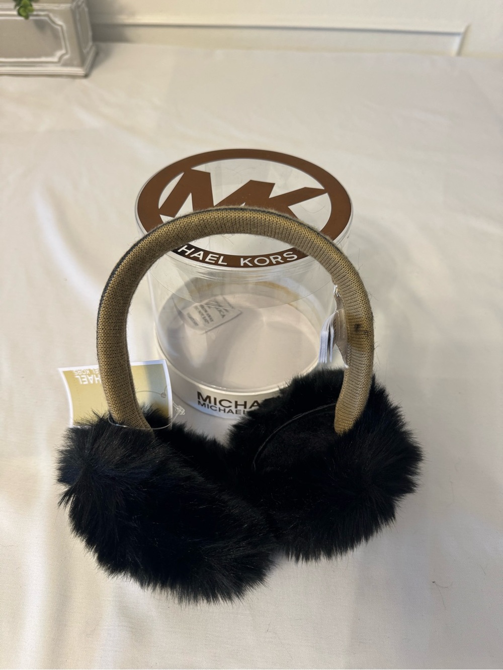Michael Kors Kids Black Faux Fur Earmuffs with Tan Band